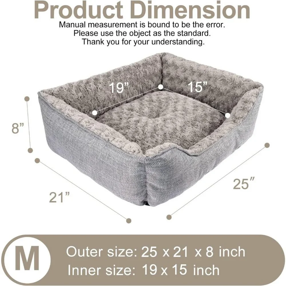 Dog 30'' Grey Wood Linen Soft Washable Rectangle Anti-Slip Bottom Sleeping Bed